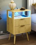 Yellow Oak Nightstand with Charging Station and LED Lights - Compact