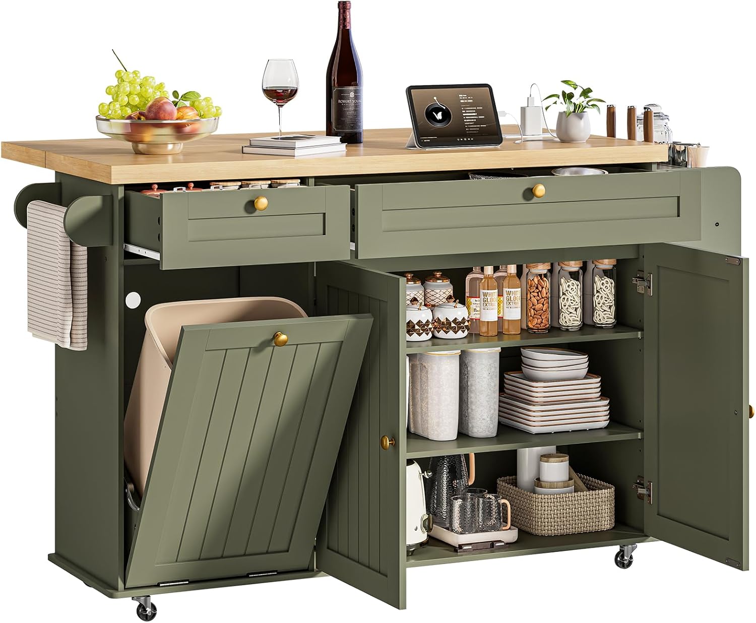 60 Kitchen Island with Power Outlet & Drop Leaf for Versatile Use
