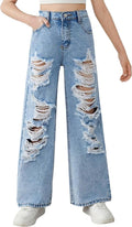 Baggy Jeans for Girls Wide Leg Ripped High Elastic Waisted Denim