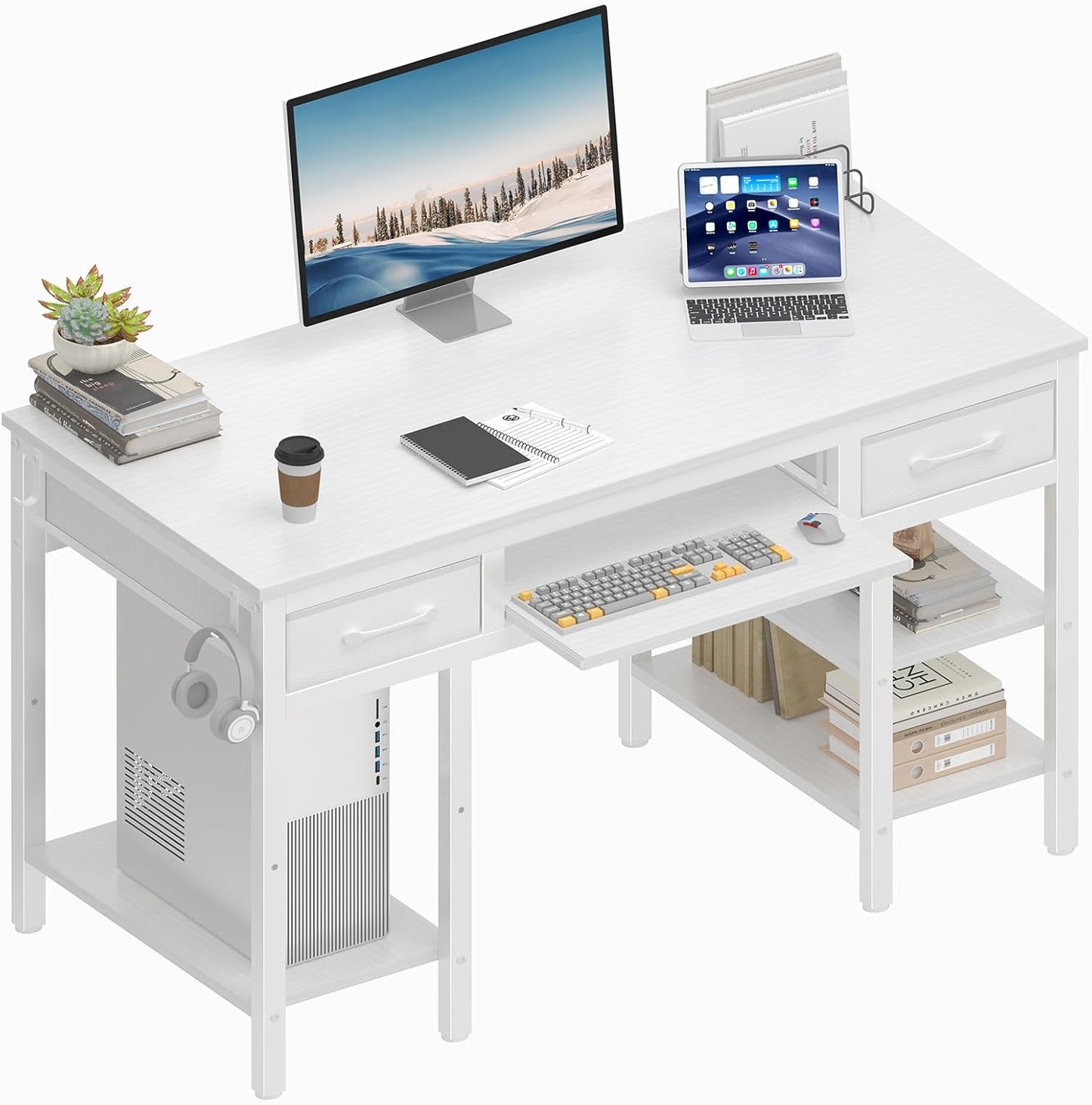 Lufeiya 47 White Desk with Keyboard Tray & Storage