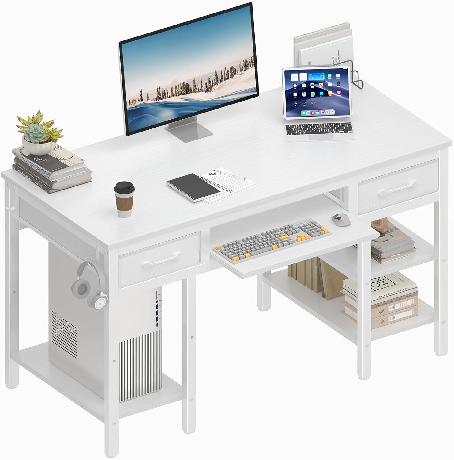 Lufeiya 47 White Desk with Keyboard Tray & Storage