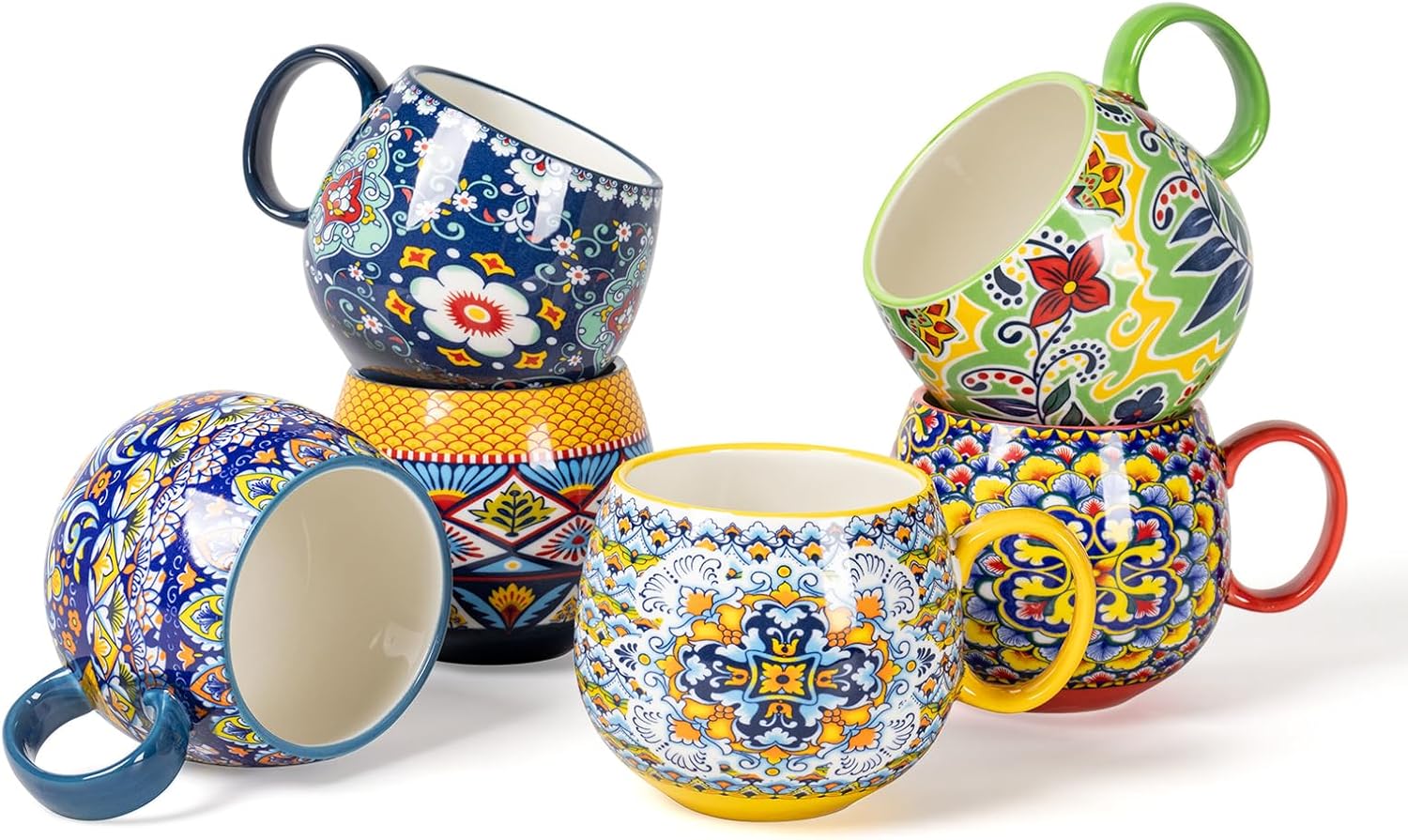 Boho Coffee Mugs Set of 6 - 20 Ounce Porcelain Cups