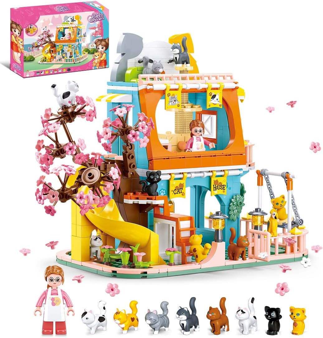 Cat House Building Set with 8 Cats and Doll Minifigures