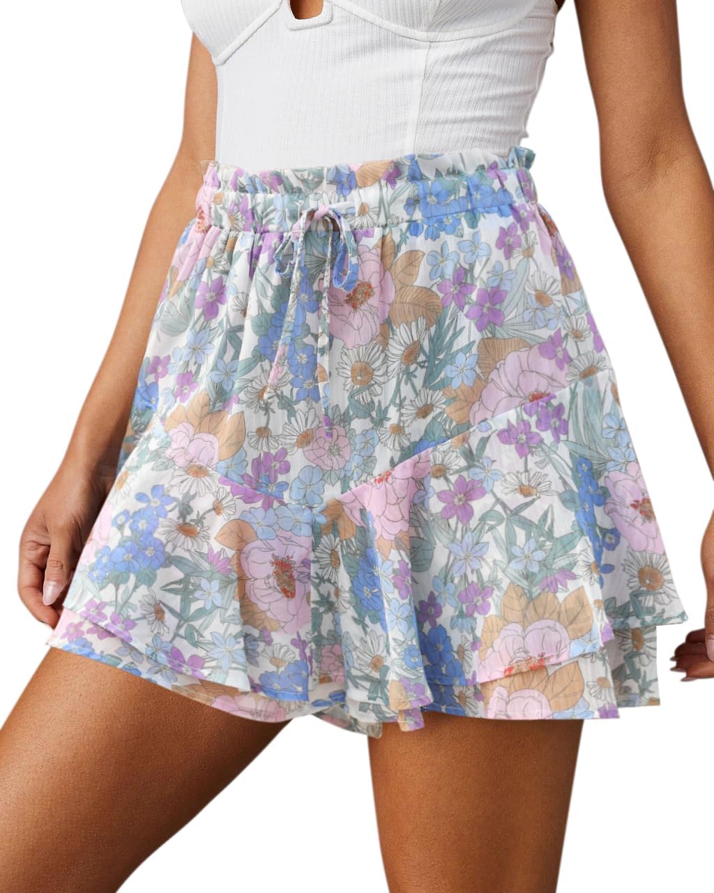 Flowy Shorts for Women Casual Boho Floral Ruffle Mini Skirts