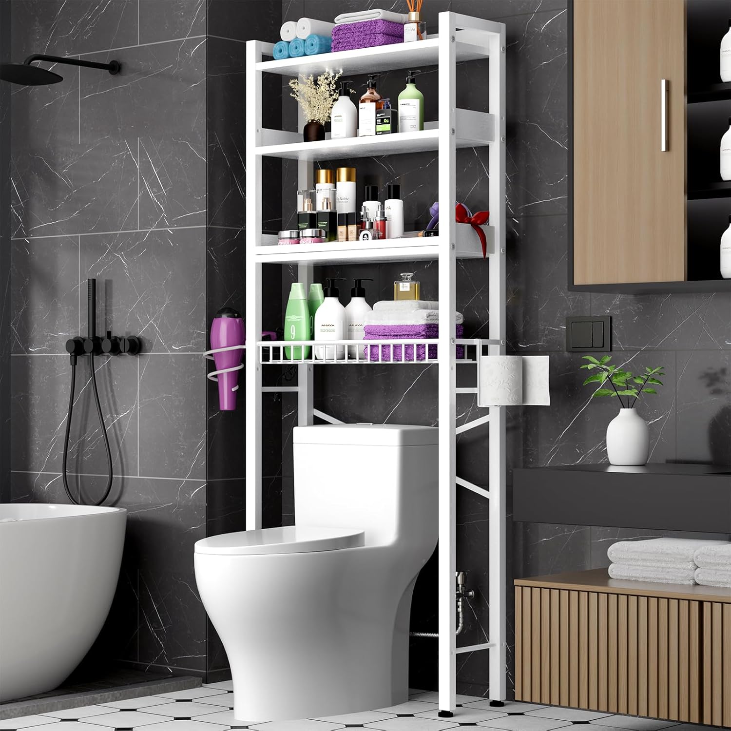 Over The Toilet Storage Cabinet with Adjustable Shelves and Baskets