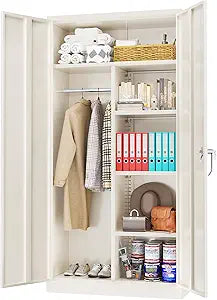 Greenvelly Metal Wardrobe Closet with Doors and Hanging Rod