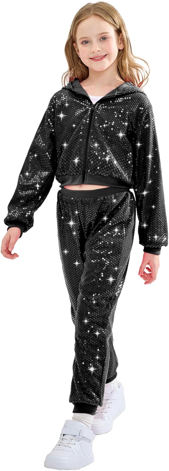 LOLANTA Girls Dance Outfits with Cropped Sequin Jacket Set