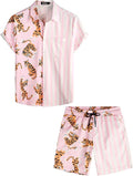 Mens Flamingo Hawaiian Sets Casual Short Sleeve Button Down Shirts