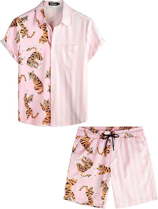 VATPAVE Mens Flamingo Hawaiian Sets Casual Beach Outfits