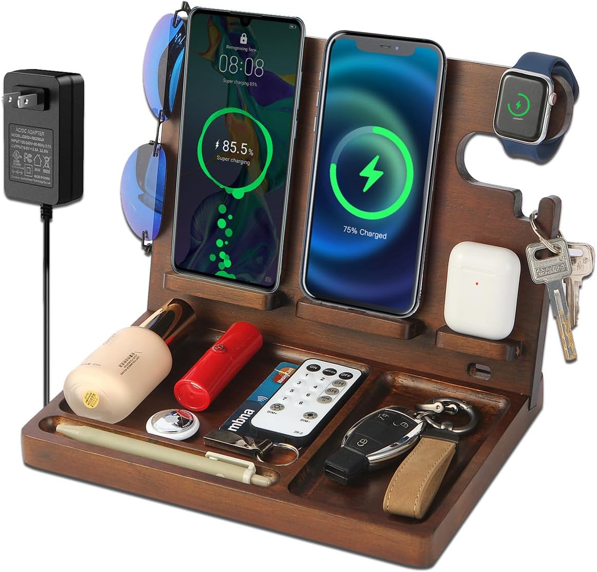 Wood Phone Charging Dock with 4 Fast Wireless Chargers for Devices