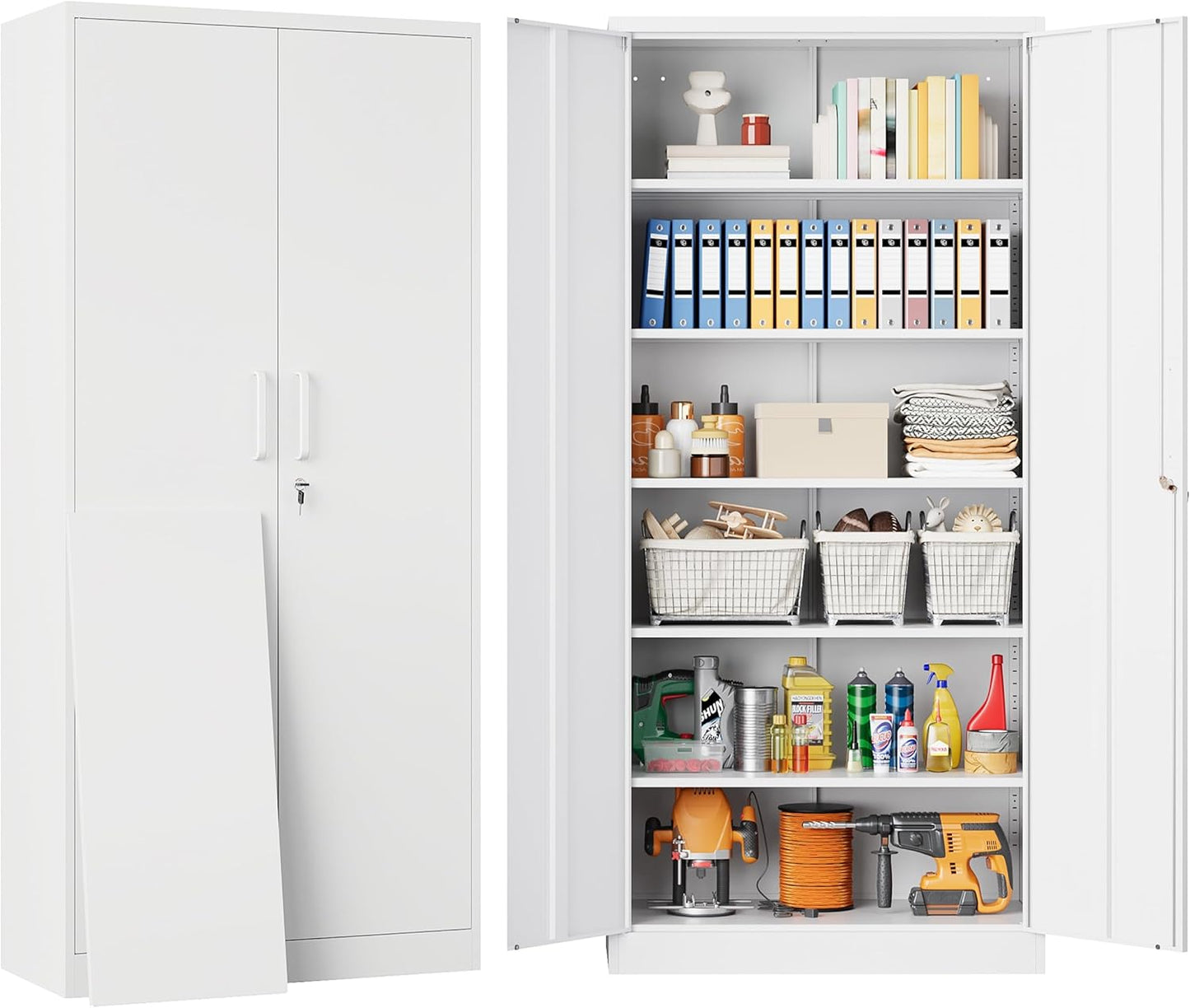 Lockable White Metal Storage Cabinet with 6 Adjustable Shelves