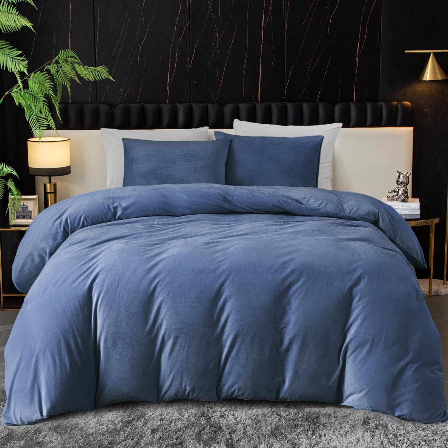 Ivellow Velvet Duvet Cover King Set Blue Ultra Soft Luxury
