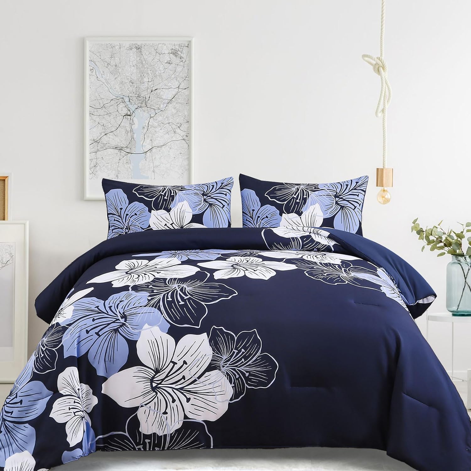 Menghomeus Queen Comforter Set - Navy Blue Floral Bedding