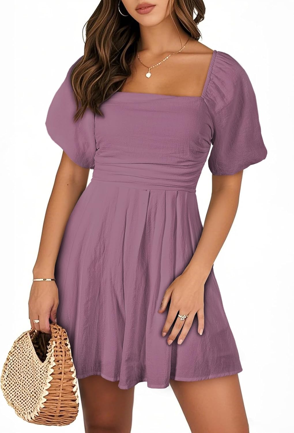 AlvaQ Womens Summer Cute Puff Sleeve Elastic Square Neck Romper