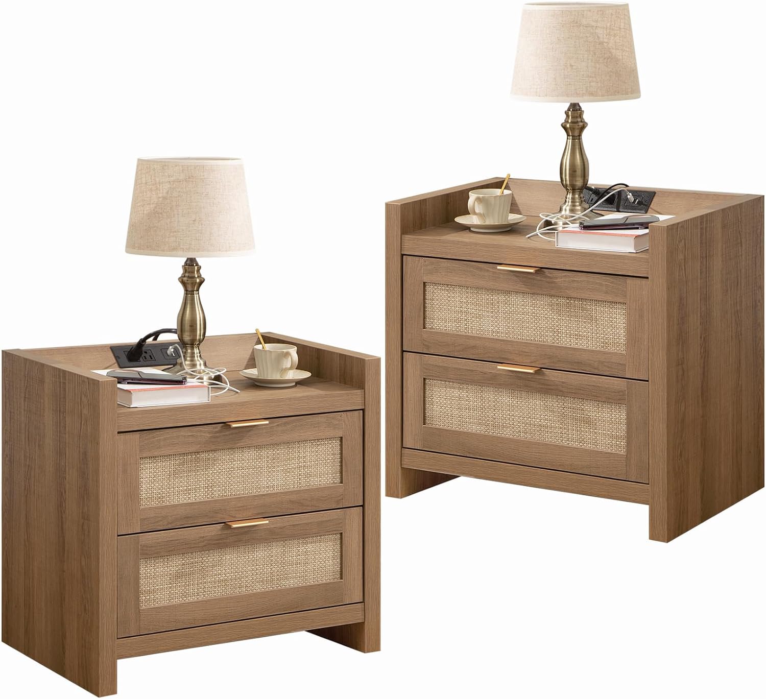 SICOTAS Rattan Night Stand Set of 2 with Charging Station