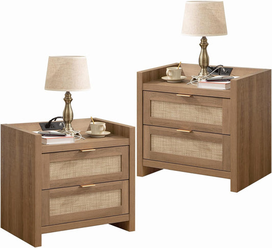 SICOTAS Rattan Night Stand Set of 2 with Charging Station
