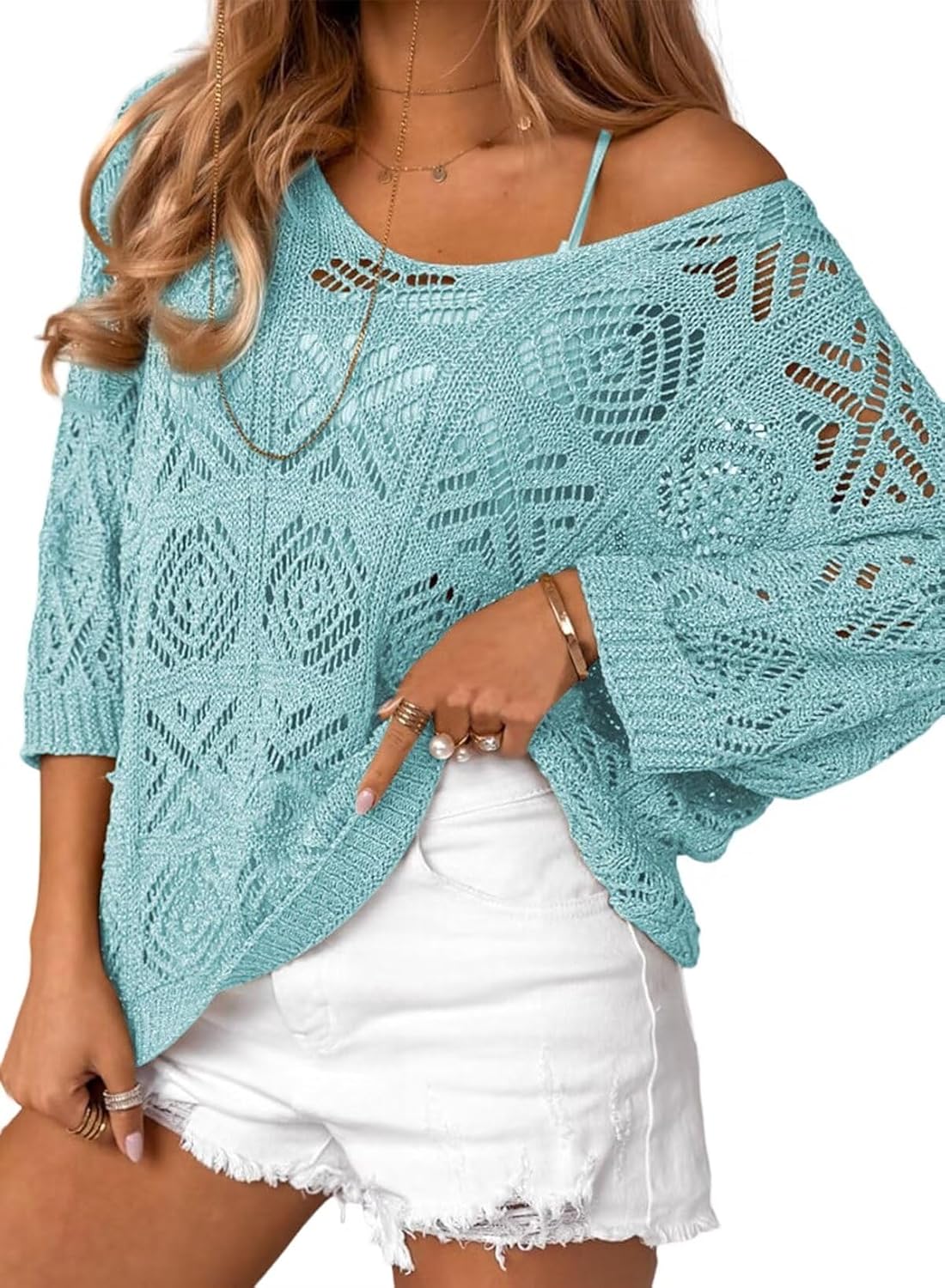 Dokotoo Women's Crochet Hollow Out Off Shoulder Pullover Sweater
