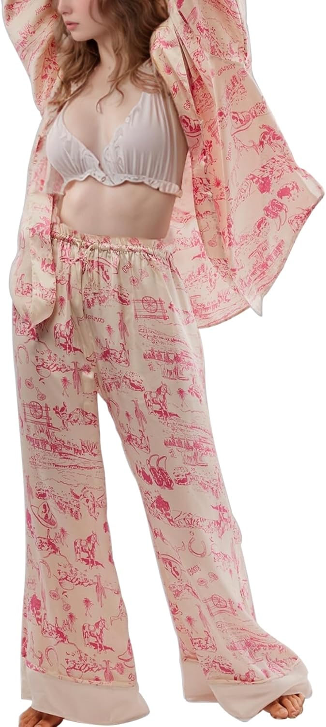 Satin Silk Pajama Set for Women - Floral Long Sleeve PJs