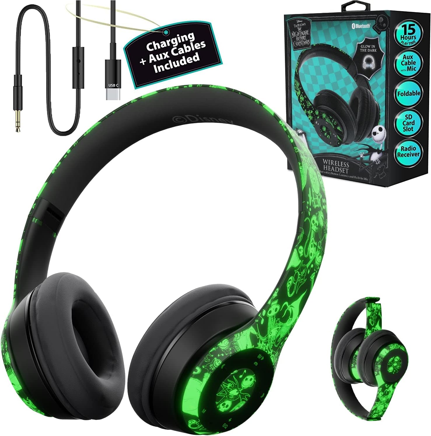 Nightmare Before Christmas Glow Headphones - Tim Burton Design, Wireless/Wired, Built-in Mic - iJoy