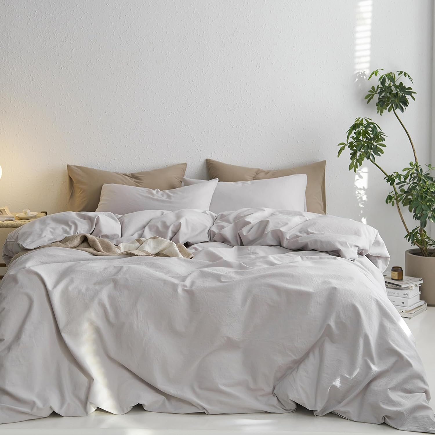 MooMee Twin Duvet Cover Set in Light Gray - Soft Cotton Linen