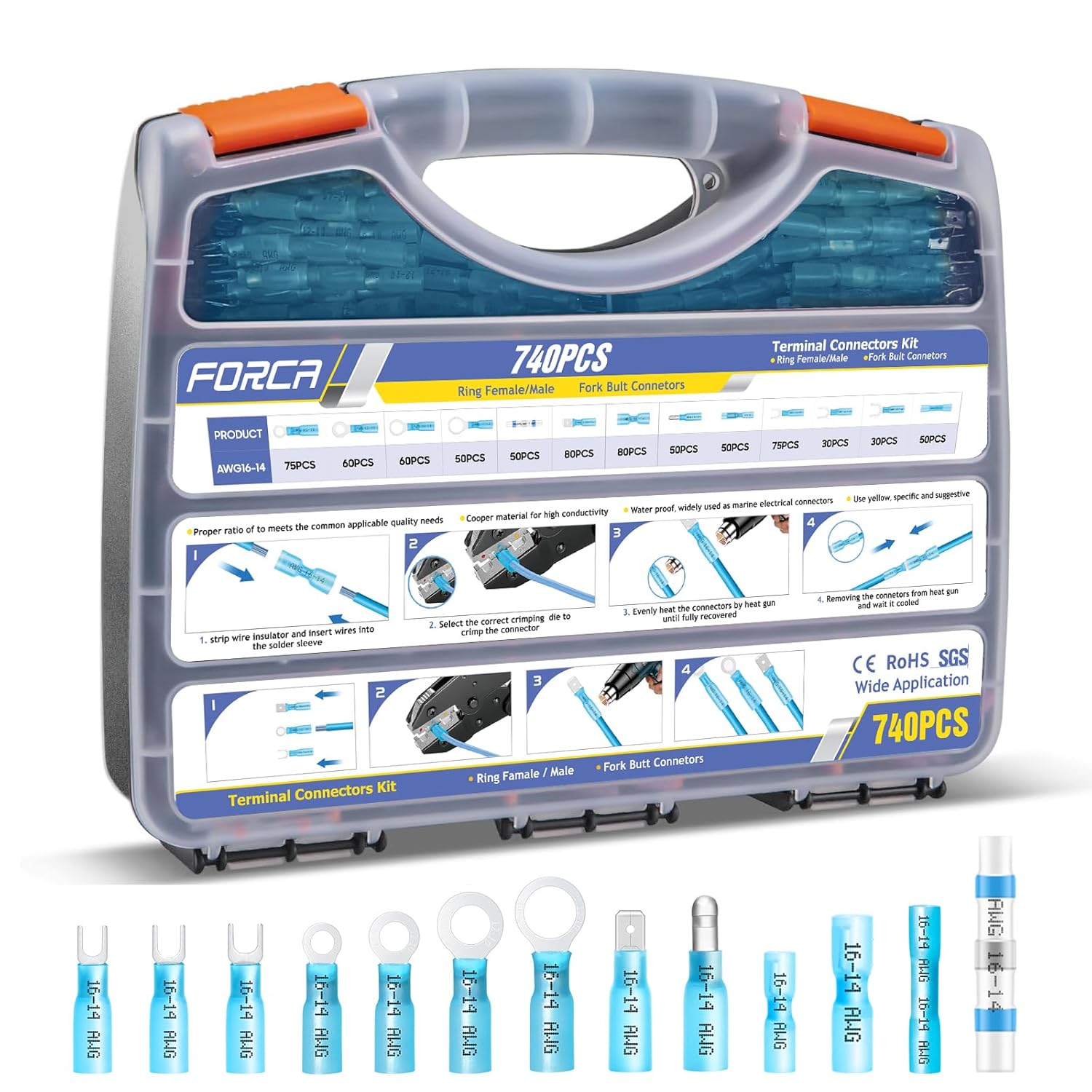 FORCA 740PCS Heat Shrink Wire Connectors Kit for Marine Use