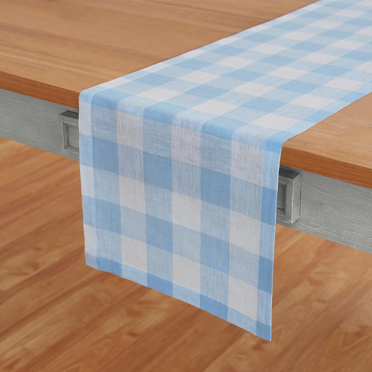 Buffalo Plaid Table Runner 120 Inches Long - Pure Linen Blue Bell