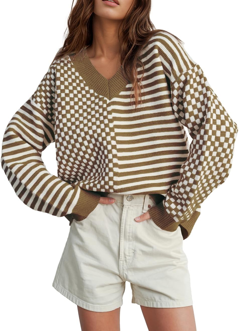UNCLECAT Women's Striped Checkered Sweater for Trendy Fall Style