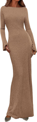 PRETTYGARDEN Women's Long Sleeve Maxi Ribbed Knit Dress - Cozy Fit 0-2