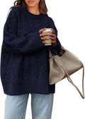 Okiwam Oversized Cable Knit Crewneck Sweater - Cozy Fall Staple S=US