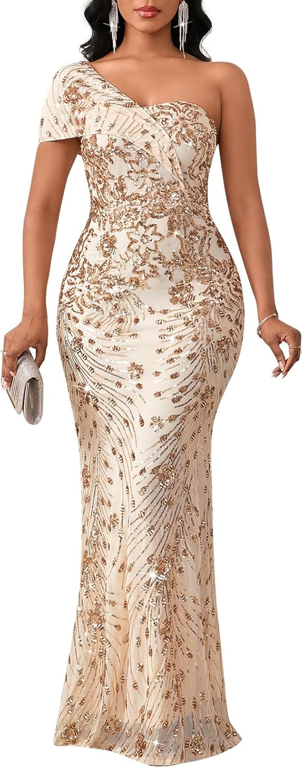 Cololura Women Sexy Sequin One Shoulder Mermaid Maxi Dress