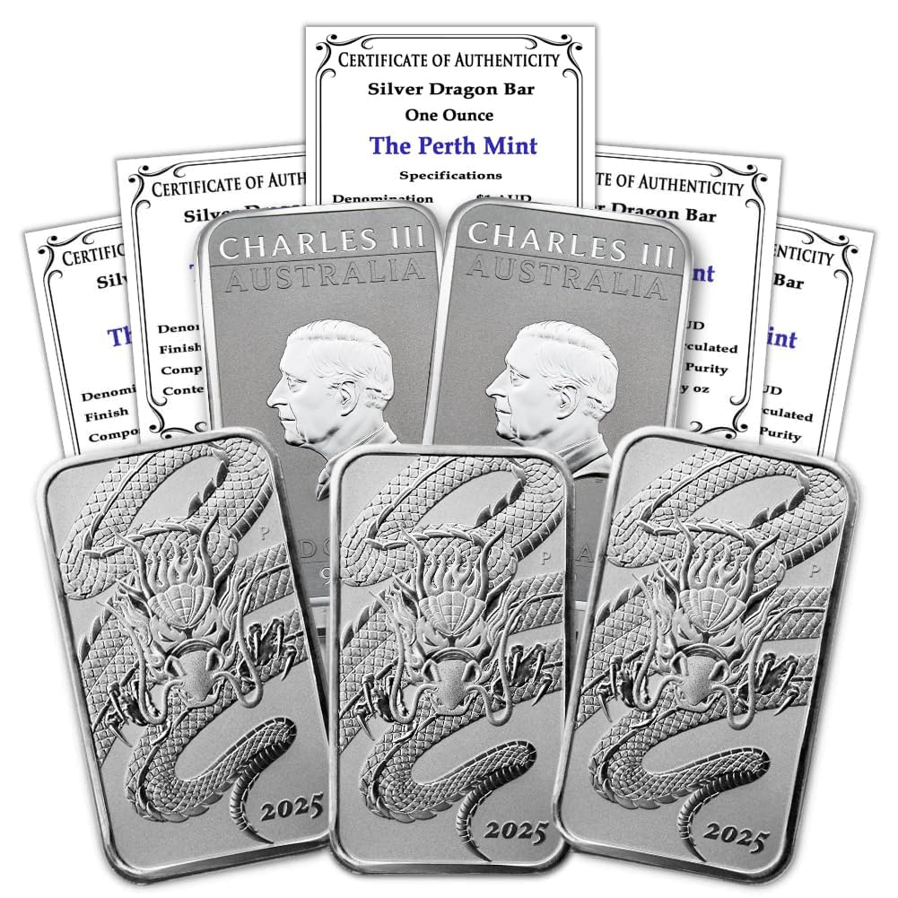 2025 P Lot of 5 Australian Silver Dragon Bars with Certs