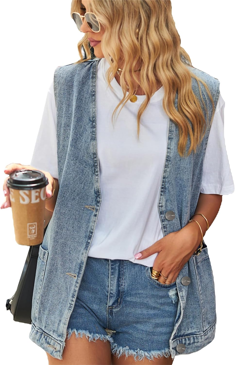 Oversized Denim Vest for Women - Stylish Mid Long Jean Jacket