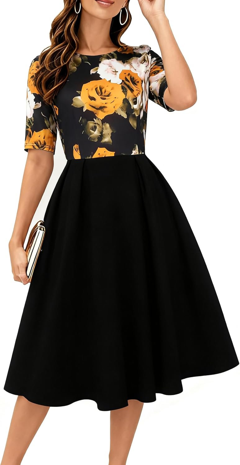 Oxiuly Women's Vintage Patchwork Pockets Casual Party Dress