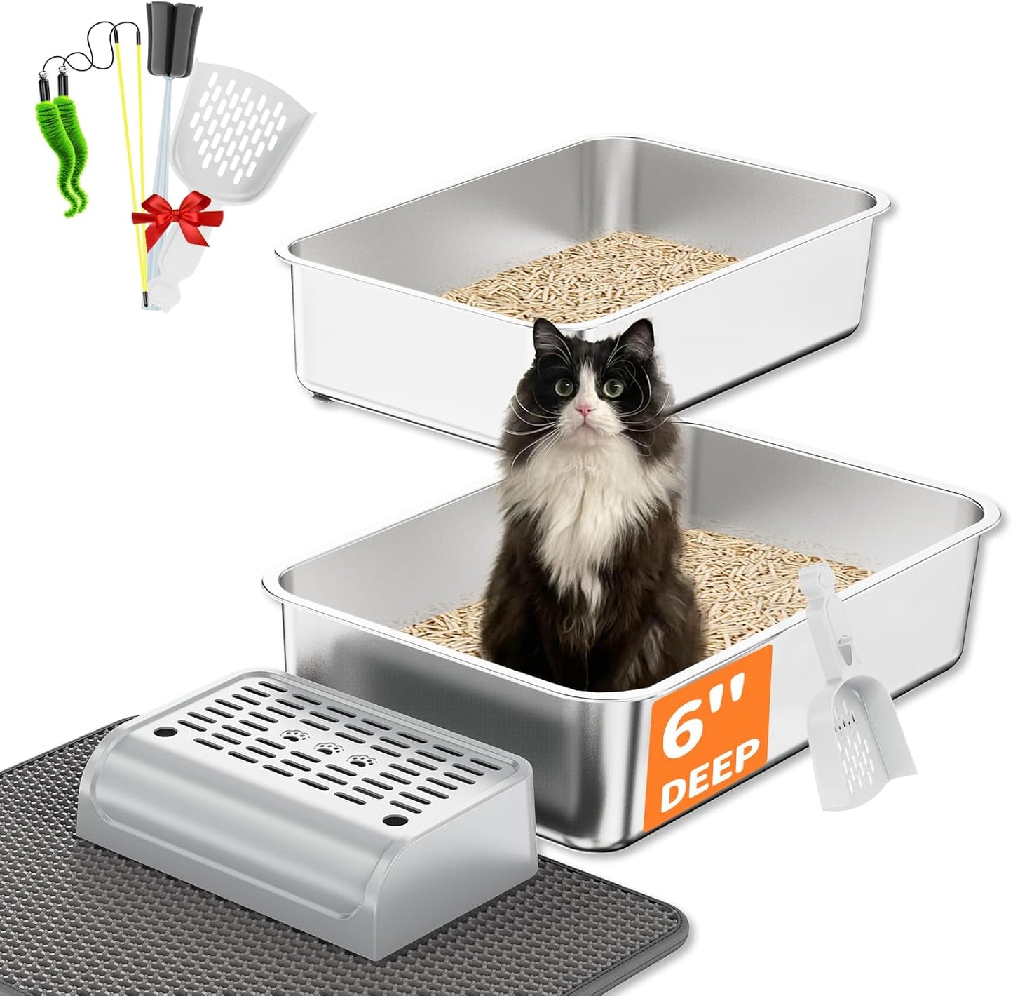Stainless Steel Litter Box Set for Cats - 6-in-1 Complete Kit