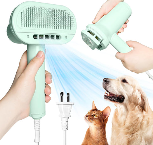 Pet Grooming Pro: 2-in-1 Dryer & Brush - Heat Protection, 3 Modes, Low Noise - Ideal for Small/Med Pets - Green