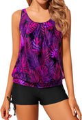 Yonique Blouson Tankini Swimsuits for Women - Purple Leaf Modest Fit