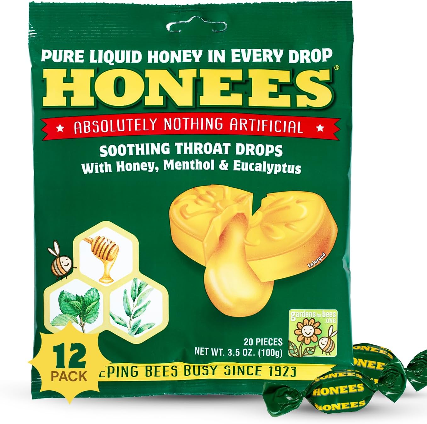 Honees Filled Menthol Cough Drops for Natural Sore Throat Relief