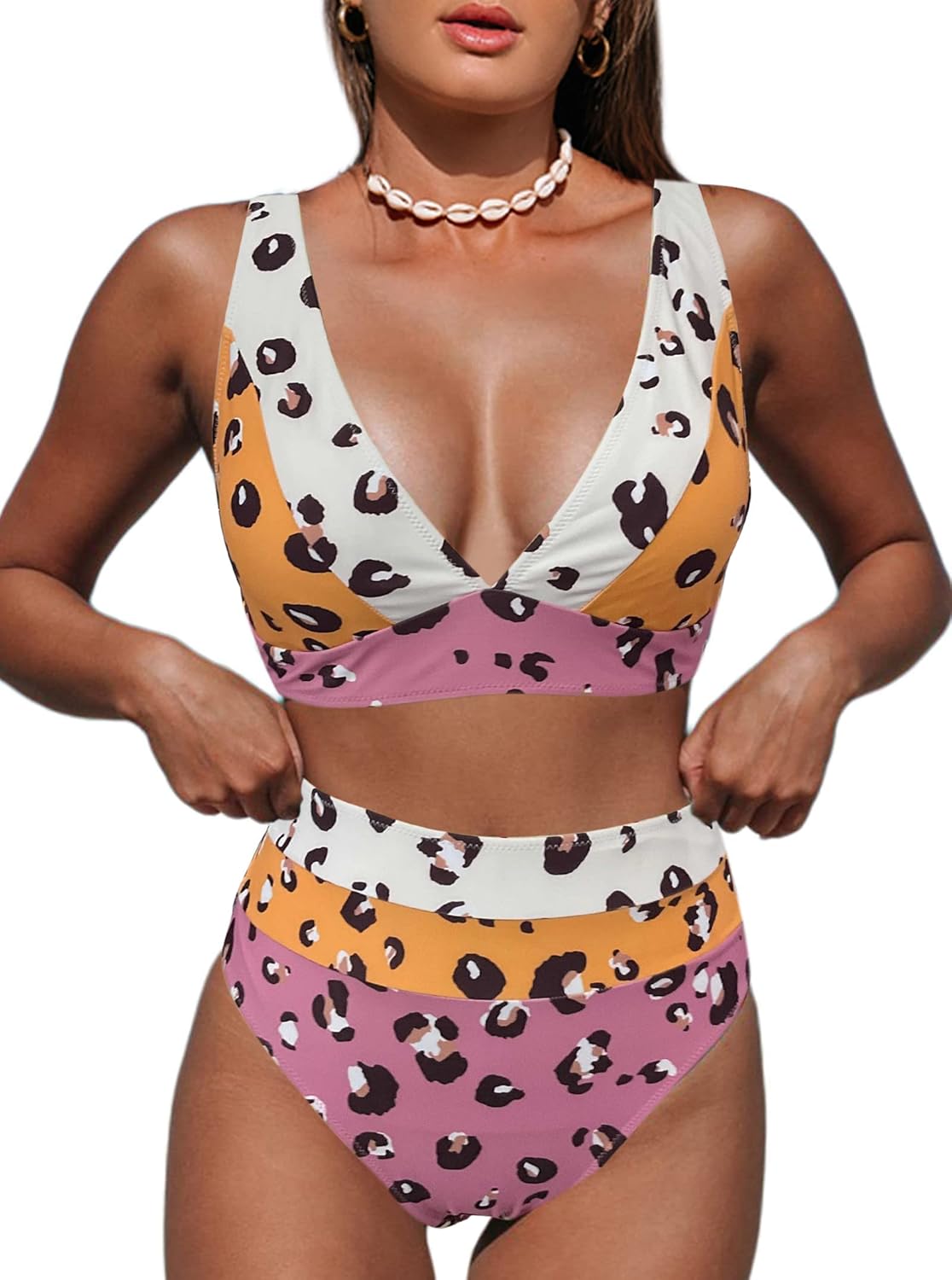 Leopard Print High Waisted Bikini Swimsuits for Women