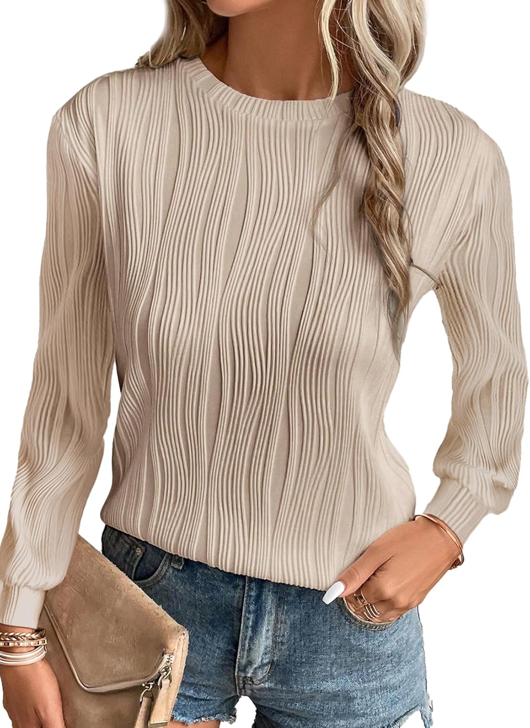 Trendy Dressy Casual Long Sleeve Crewneck Tops for Women