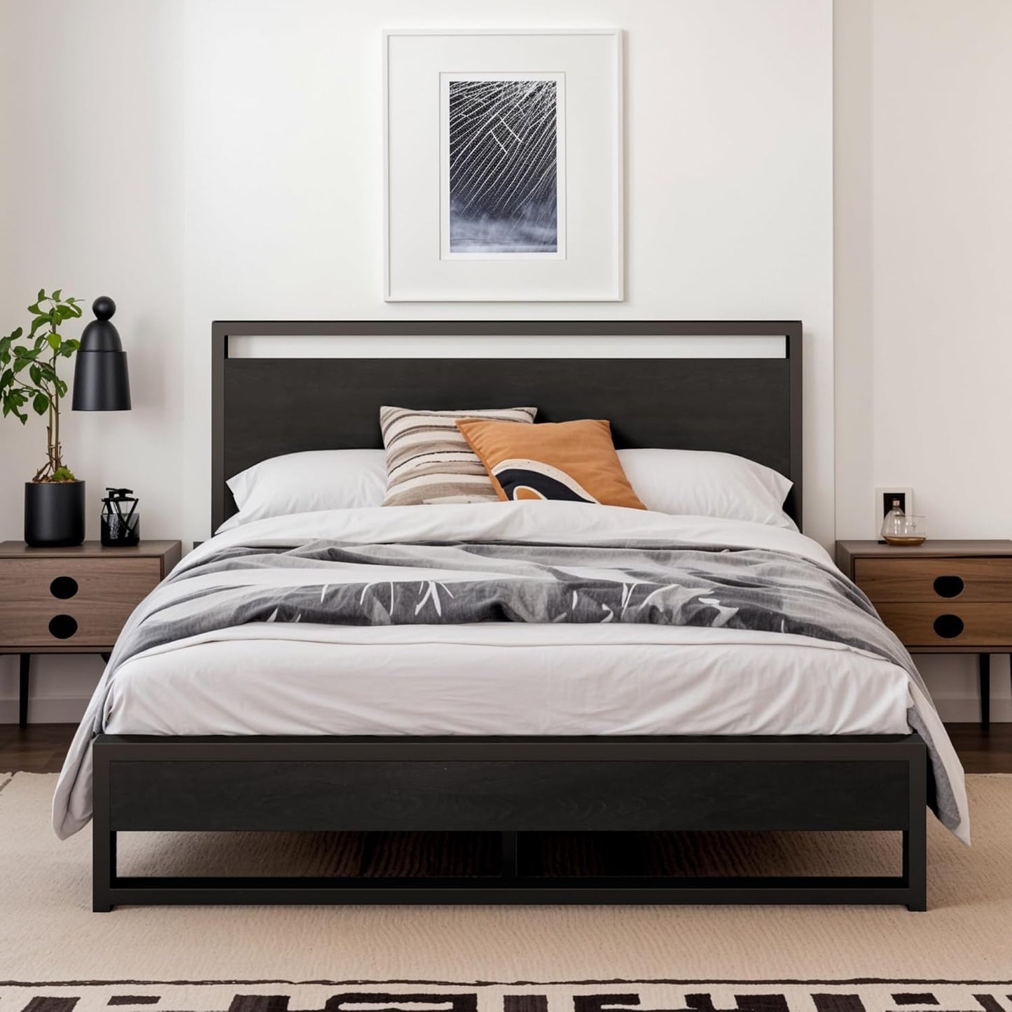SHA CERLIN Full Size Bed Frame with Wooden Headboard and Metal Slats
