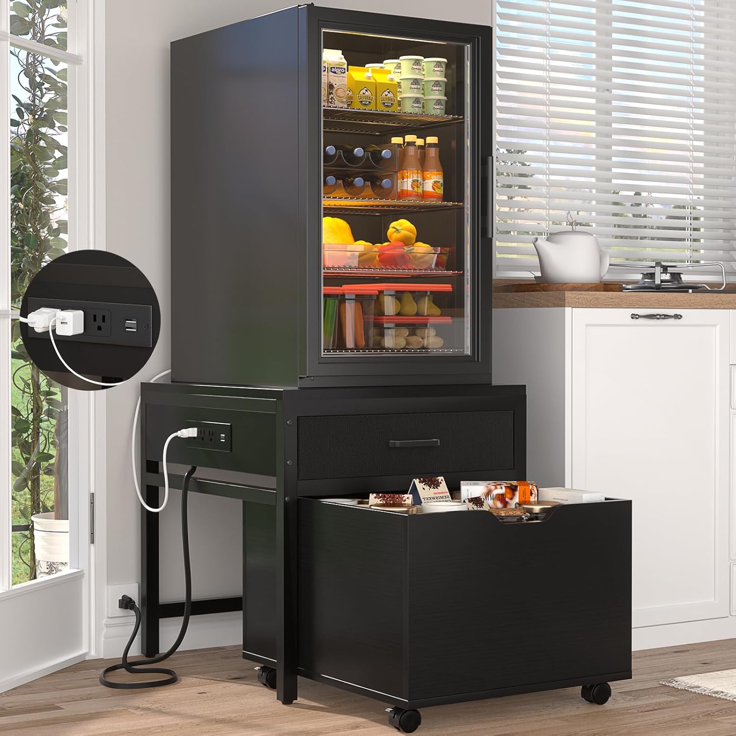 Portable Mini Fridge Stand with Drawer & Power Outlet