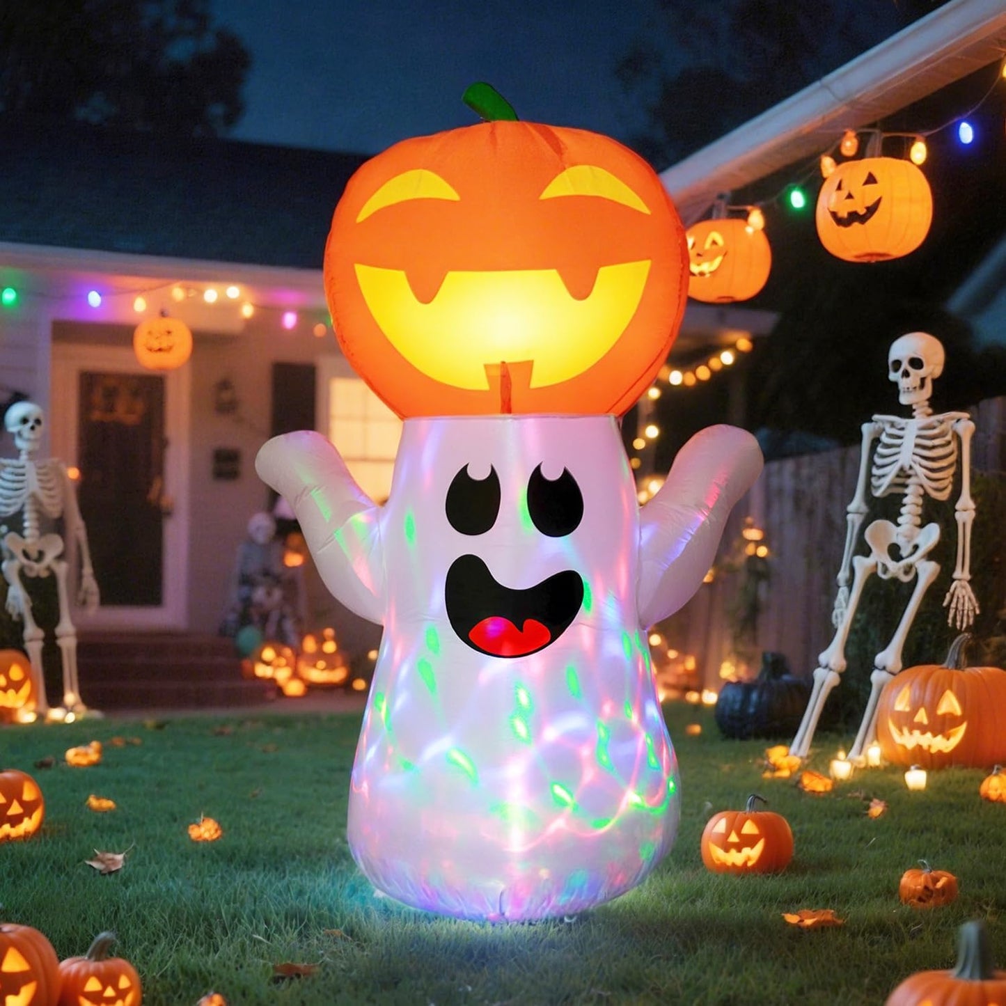 6FT Halloween Inflatables Cute Pumpkin Ghost Yard Decorations