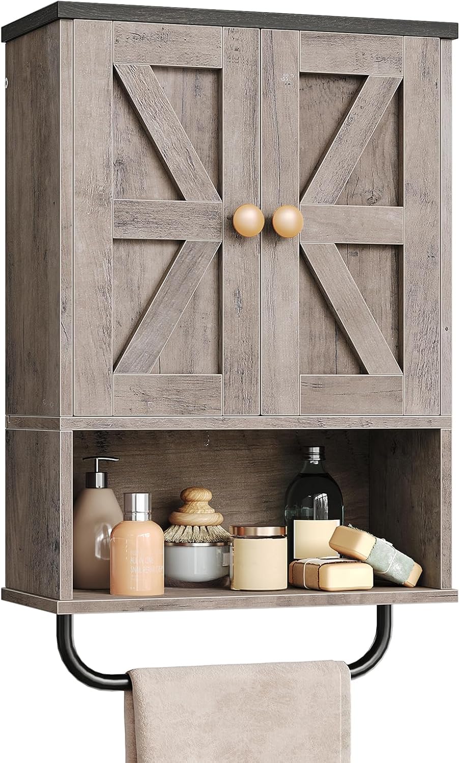 Bathroom Wall Cabinet with Open Partition and Towel Bar Storage
