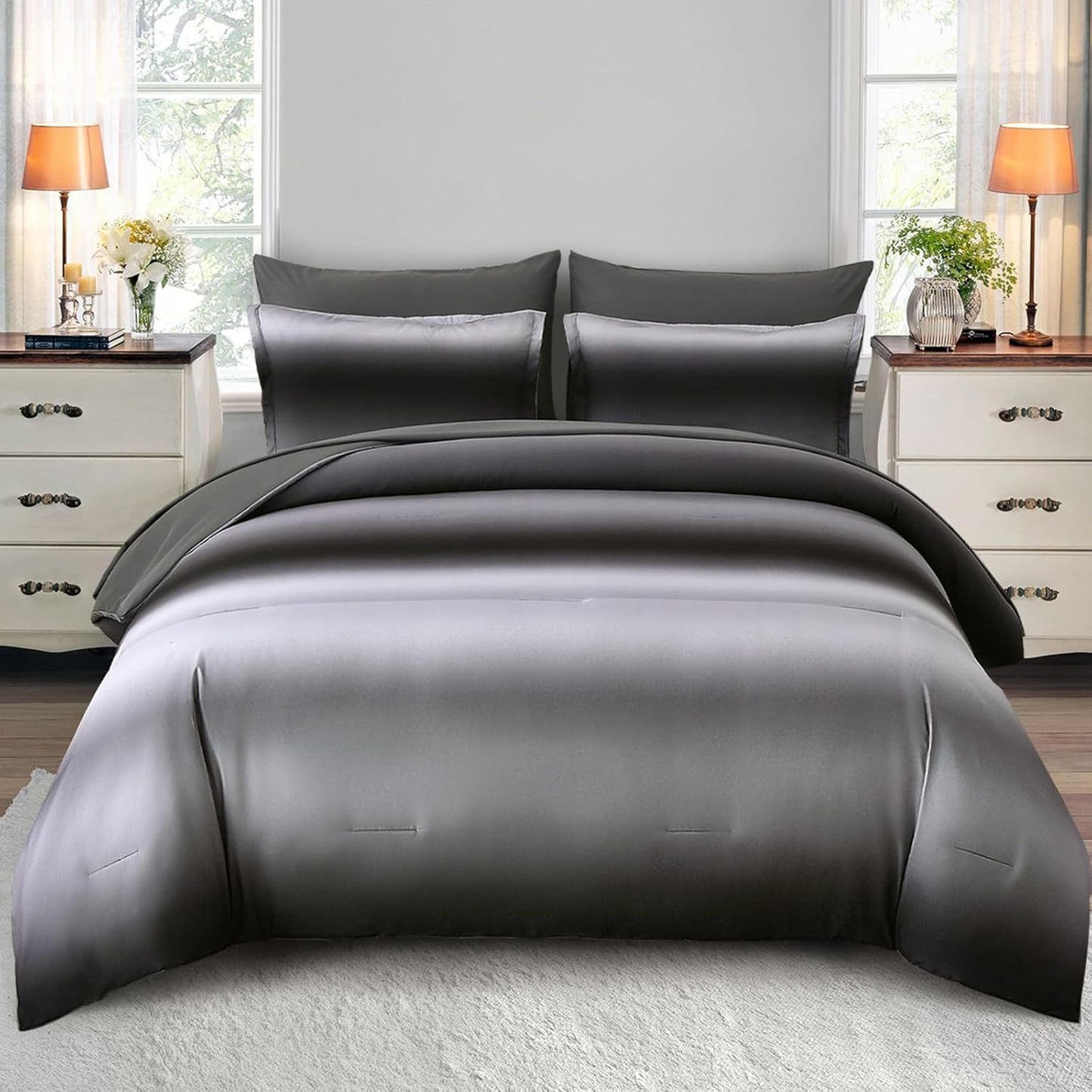 Dinjoy Boho Striped Ombre Grey Comforter Set for King Size Beds