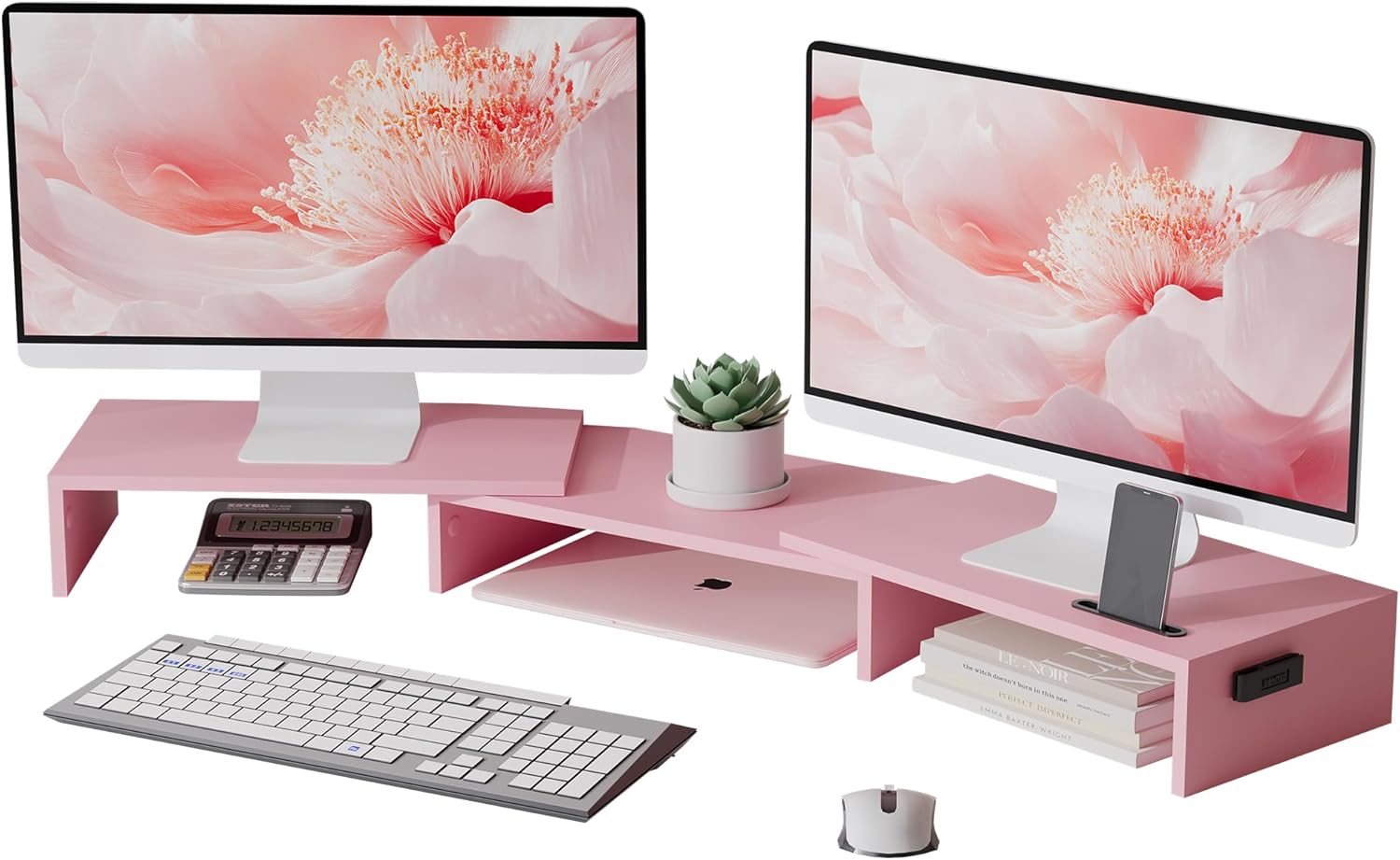 BONTEC Dual Monitor Stand: Ergonomic Organizer, Pink