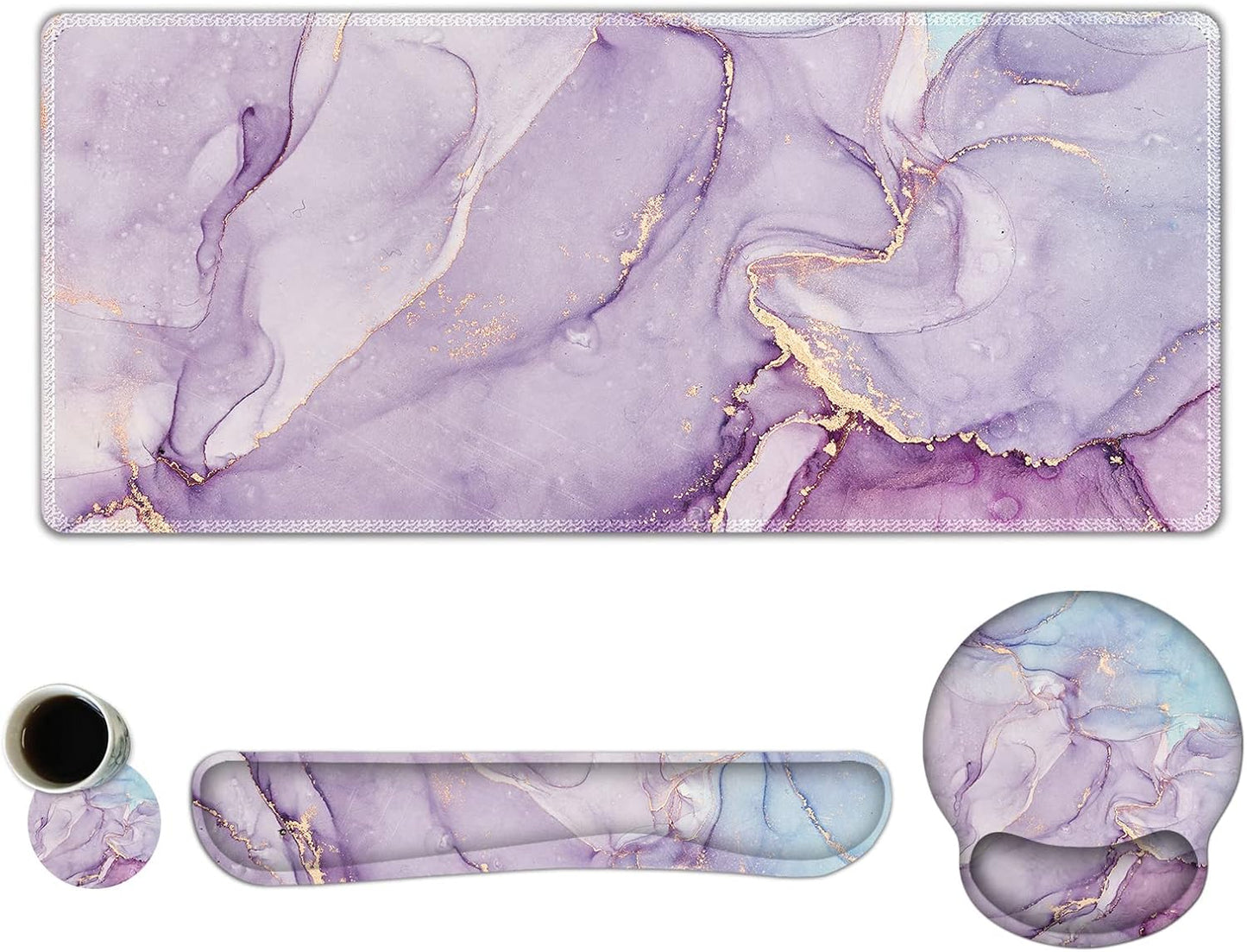 ARTSO Ergo Wrist Rest Set, Memory Foam Gel, Non-Slip Mat, Purple Blue Marble