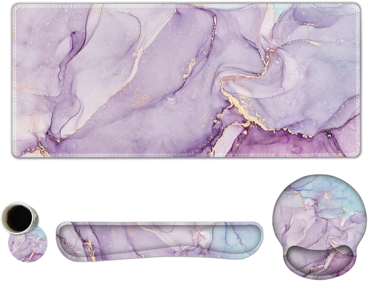 ARTSO Ergo Wrist Rest Set, Memory Foam Gel, Non-Slip Mat, Purple Blue Marble