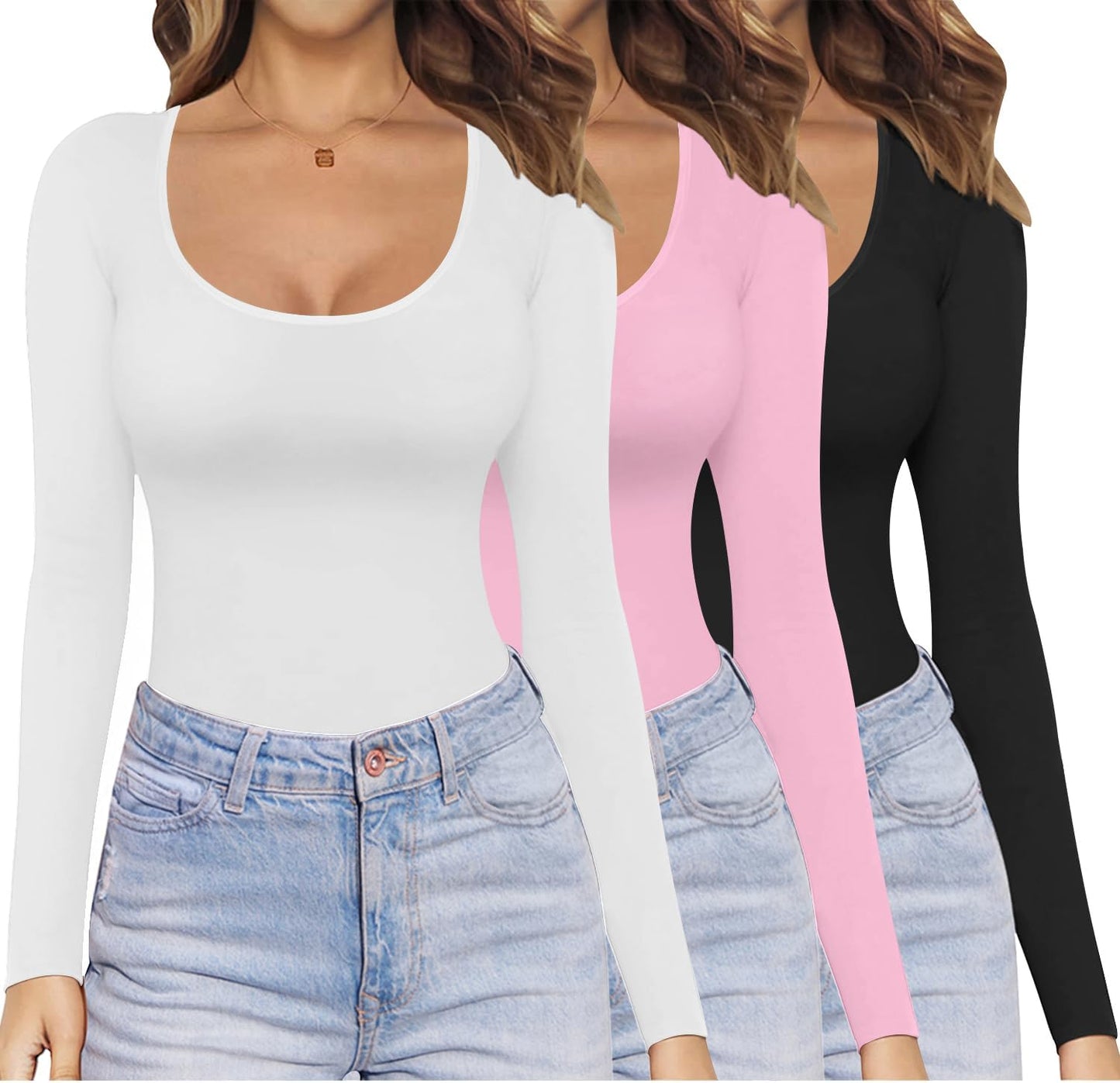 Ekouaer Womens Long Sleeve Scoop Neck Tops 3 Pack for All Seasons