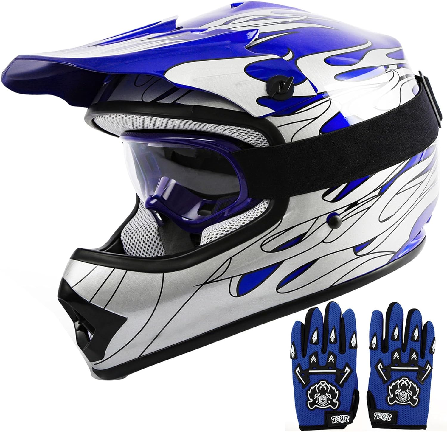 Youth Kids Dirt Bike Full Face Helmet with Blue Flame Design