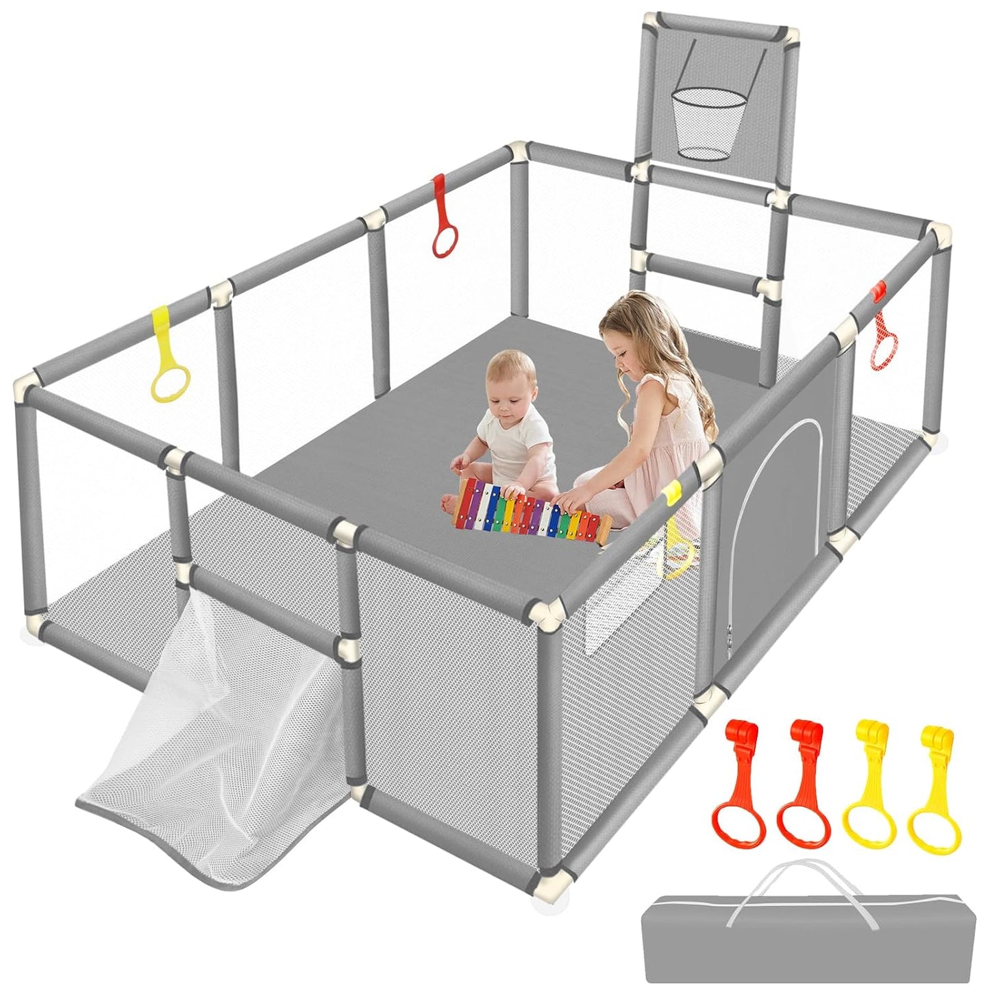 74in Large Playpen for Babies with Basketball Hoop & Football Nets